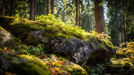 Mossy boulders in the forest. Colorful autumn landscape.の素材