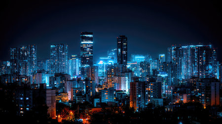 Night view of the cityscape with illuminated skyscrapers and buildingsの素材