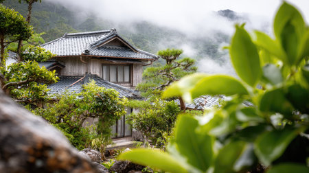 Traditional japanese house on the top of the mountain in a cloudy dayの素材