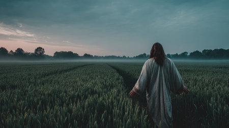 A man in a white robe stands in the middle of a green wheat field on a foggy morningの素材