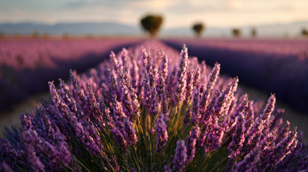 Lavender fields in Provence, France. Blooming lavender flowers in the sunset light.の素材