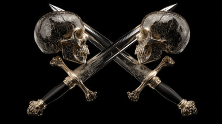 Two crossed swords with skulls on a black background. 3d illustrationの素材