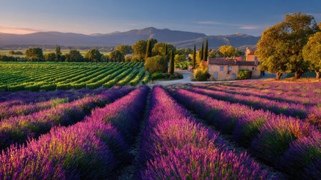 Sunset over lavender fields in Provence, France.の素材
