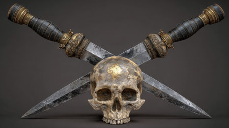 Skull and crossed swords on a dark background. 3d illustrationの素材