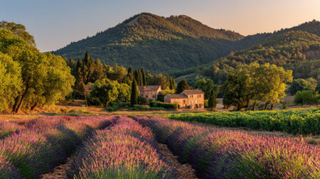 Sunset over lavender field in Provence, France.の素材