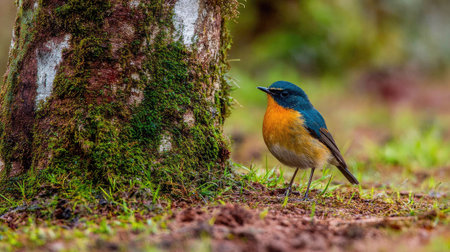 A male Red-flanked Bluetail (Cyornis ruficollis) perched on a tree stump in the forest.の素材