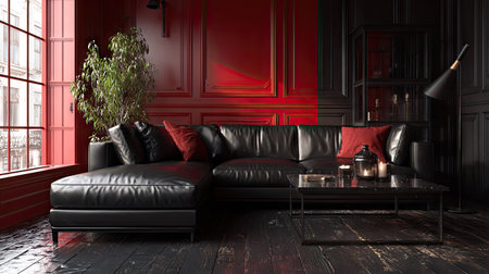 Black leather sofa with red cushions in modern interior. 3D renderingの素材