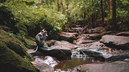 Monkey sitting on a rock in the jungle. Monkey in the forestの素材