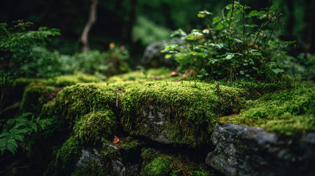 Mossy stones in the forest. Selective focus on mossの素材