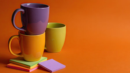 Colorful coffee mugs with sticky notes on orange background, copy spaceの素材