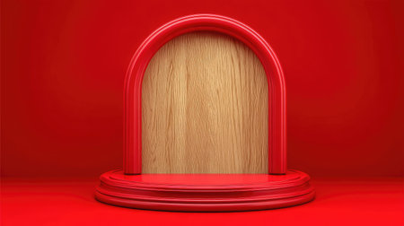 Wooden podium on a red background. 3d render illustration.の素材