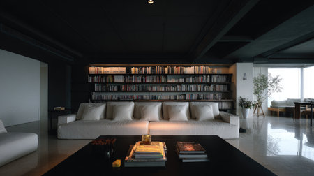 Interior of a modern living room with bookshelves and sofaの素材