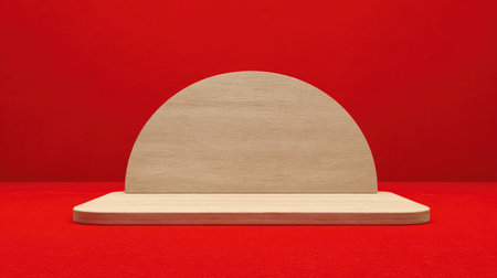 Wooden podium on red background. Mockup for product presentation.の素材