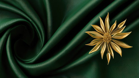 Closeup of rippled green silk fabric with golden flower designの素材