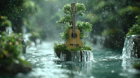 Ukulele in the rain with a tree in the middle.の素材
