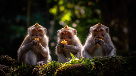 Monkeys sitting on a rock in the rainforest of Ubud, Bali, Indonesiaの素材