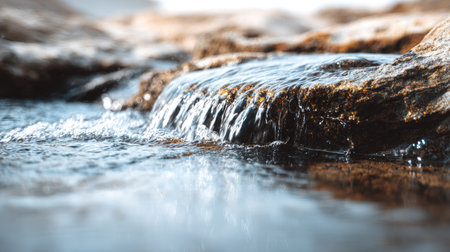 Water flowing over rocks on the beach, close up. Nature backgroundの素材