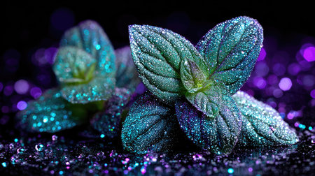 Fresh mint leaves on black background with purple bokeh light.の素材