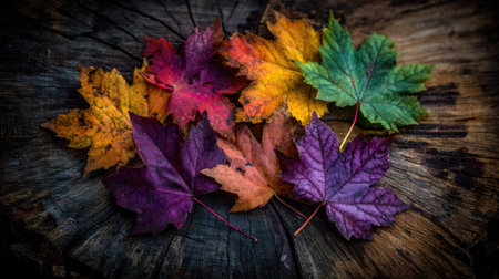 Colorful autumn maple leaves on a wooden background. Toned.の素材