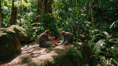 Monkeys sitting on a rock in Ubud Monkey Forest, Bali, Indonesiaの素材