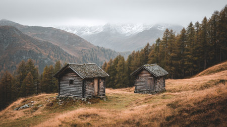 Two old wooden houses in the mountains. Tatra Mountains, Poland.の素材