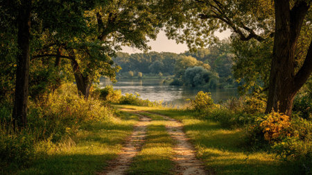 Beautiful summer landscape with river, trees and dirt road at sunsetの素材