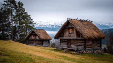 Old wooden houses on the meadow at the foot of the mountains.の素材