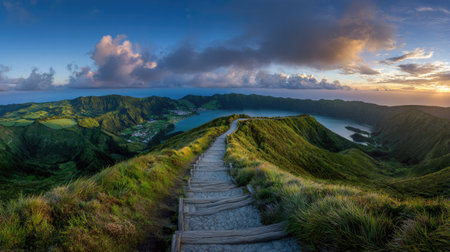 Panorama of the Azores at sunset, Sao Miguel island, Azoresの素材