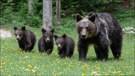 Family of brown bear (Ursus arctos) in the summer forestの素材
