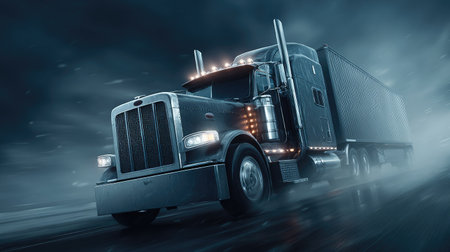 truck on the road at night with fog. 3d renderingの素材