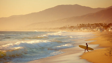 Surfer with surfboard on the beach at sunset. Toned.の素材