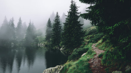 Foggy morning in the mountains with mountain lake and coniferous forestの素材
