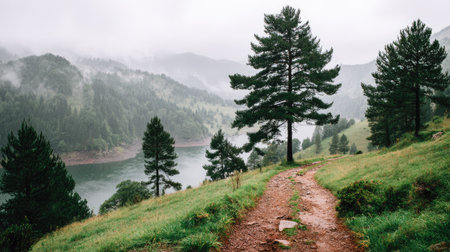 Hiking trail in the mountains on a foggy summer day.の素材