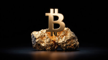 Golden bitcoin on a rock. Cryptocurrency concept. 3D Renderingの素材