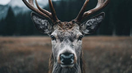 Close-up portrait of a male deer with antlers in the meadowの素材