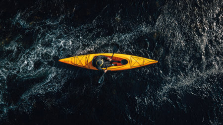 Aerial view of kayak in the ocean. Top view.の素材