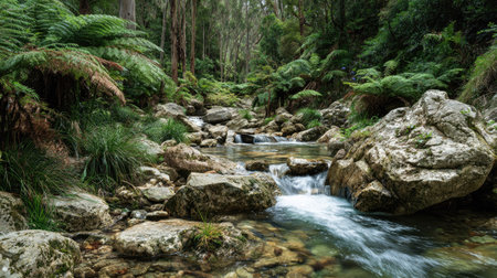 A view of a stream in the New Zealand native bushland.の素材