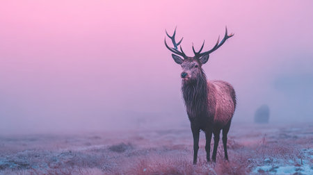 Red deer stag standing in the fog at sunrise in winter, UKの素材