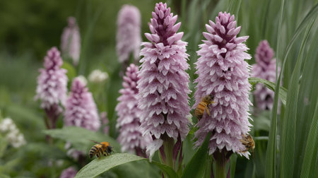 Purple flowers with bees in the garden. Spring floral background.の素材