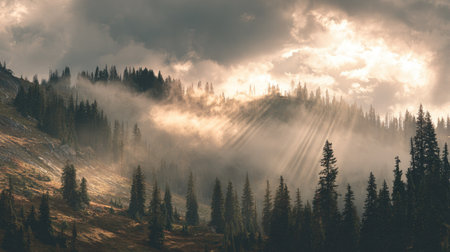 Foggy morning in the mountains with sunbeams and cloudsの素材