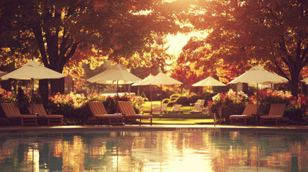 Swimming pool with umbrella and chair in hotel pool resort - vintage filterの素材