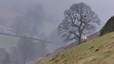 A red fox standing on a hillside with a tree in the backgroundの素材