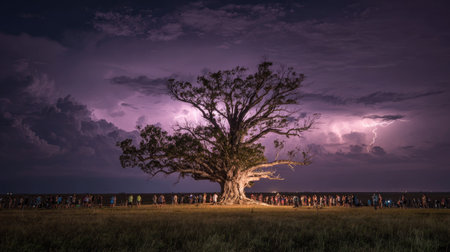 A big tree in a field of grass with people watching the stormの素材
