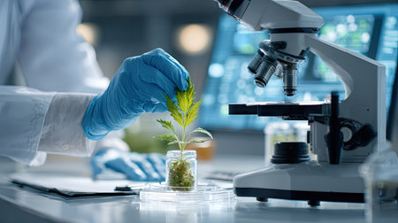 Close-up of scientist working with plant in laboratory. Biotechnology and biochemistry concept.の素材