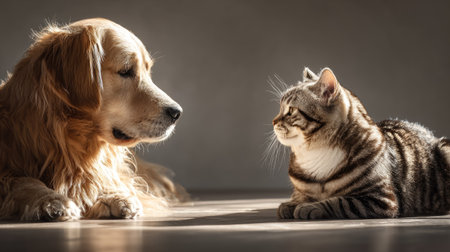 Cute cat and golden retriever dog together on grey background.の素材