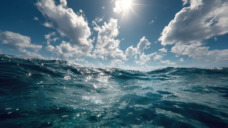 Blue sea water surface with sun and clouds. 3d render illustrationの素材