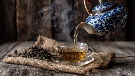 tea in a cup and teapot on a wooden backgroundの素材