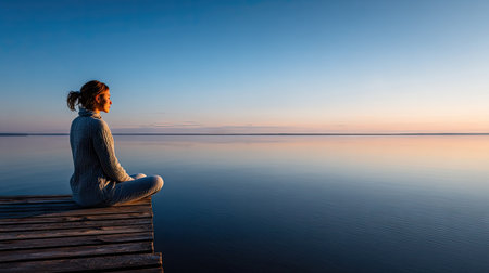 Young woman sitting on a wooden pier by the sea at sunrise.の素材