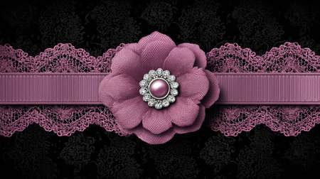 Lace background with pink pearls and lace ribbon. Vector illustration.の素材