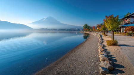 Lake Kawaguchiko and Mt Fuji in autumn, Japan.の素材